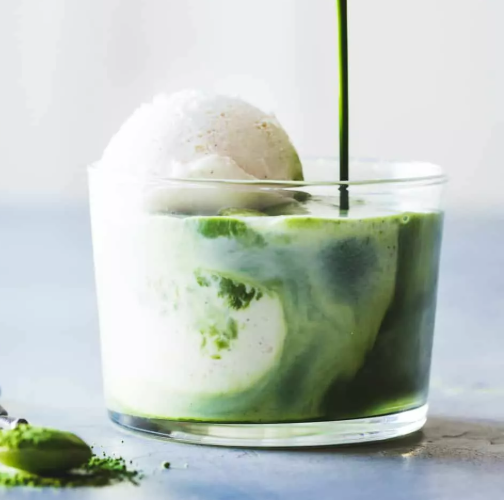 Matcha affogato dessert with vanilla ice cream Berlin